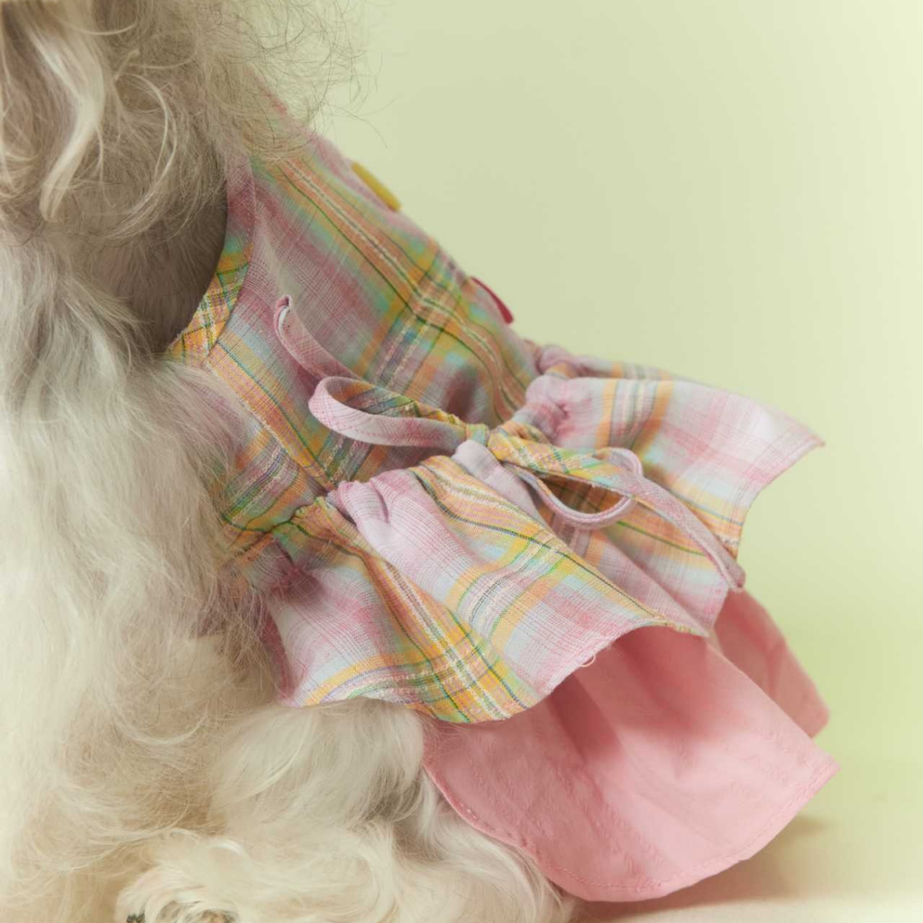 Vestito con Spalline a Quadretti Rosa con Fiocco Abito con Gonna a Doppio Strato
