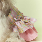 Vestito con Spalline a Quadretti Rosa con Fiocco Abito con Gonna a Doppio Strato
