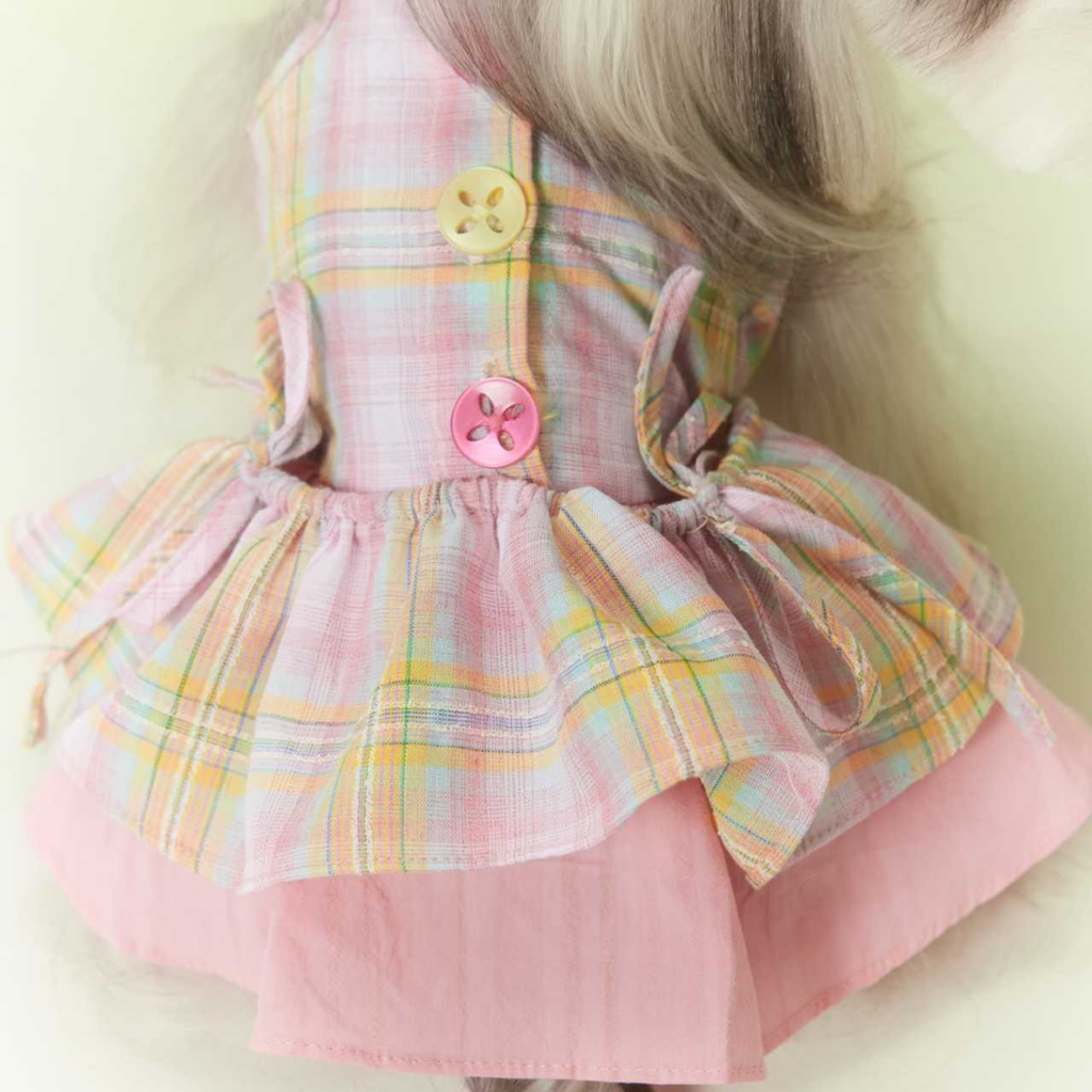 Vestito con Spalline a Quadretti Rosa con Fiocco Abito con Gonna a Doppio Strato