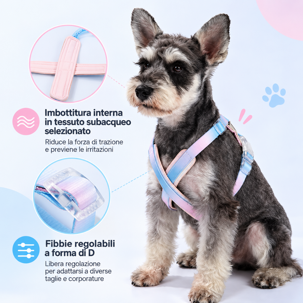 Set Pettorina a X con LED e Guinzaglio Multifunzionale - Arcobaleno Sfumato