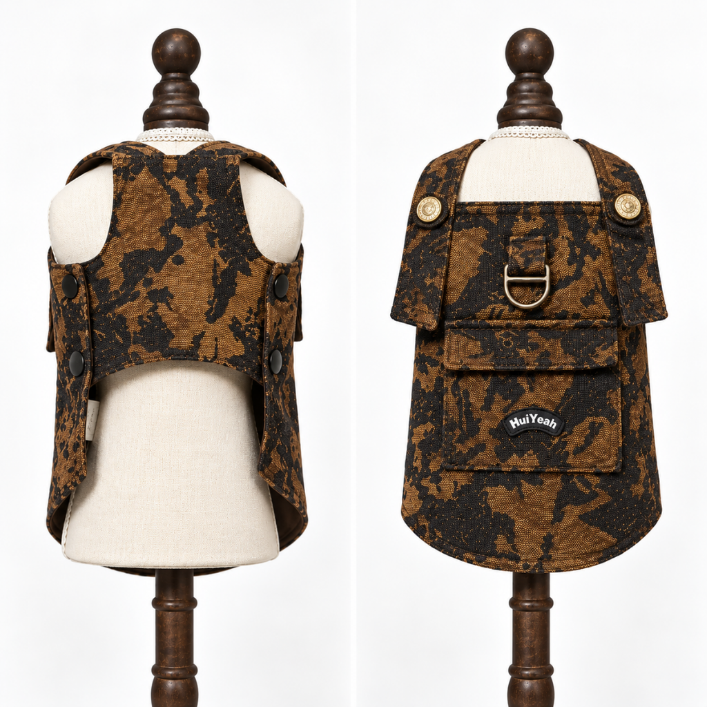 Salopette in Denim Leopardato con Bretelle Regolabili e Anello per Guinzaglio