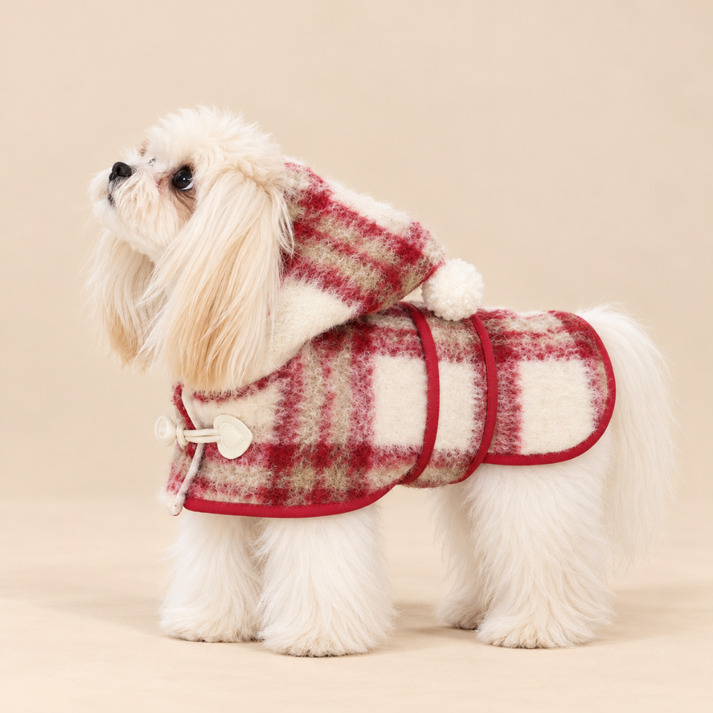 Mantellina Invernale Imbottita con Cappuccio – Fantasia Tartan Rossa