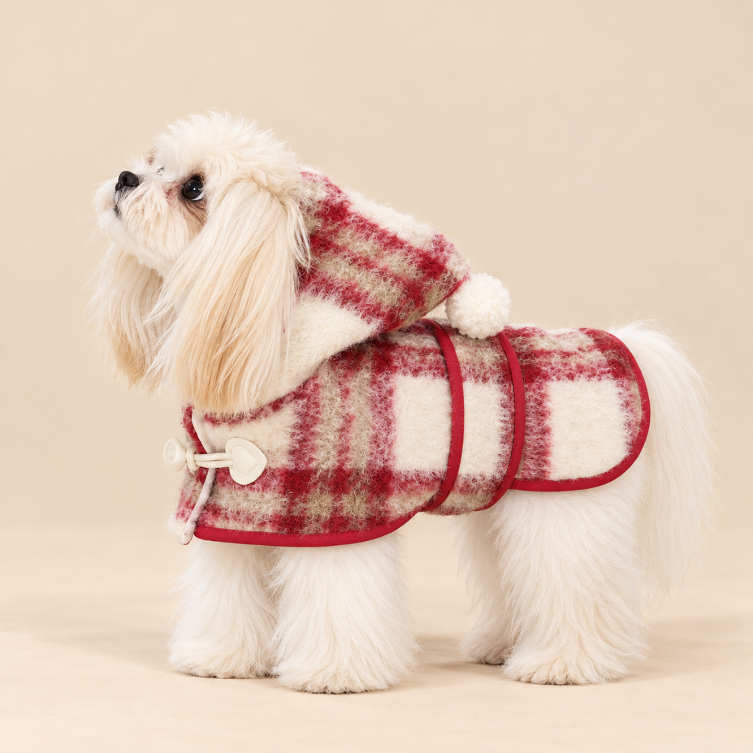 Mantellina Invernale Imbottita con Cappuccio – Fantasia Tartan Rossa