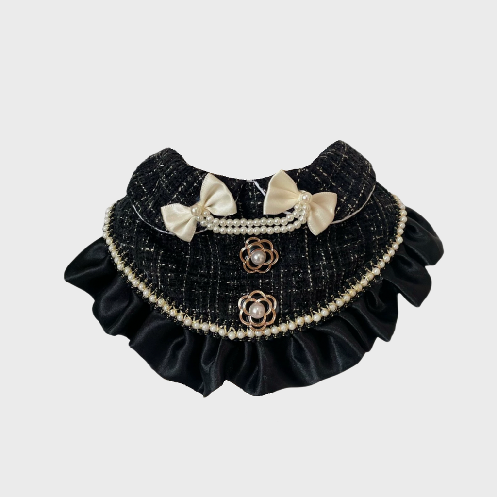 Bandana in Tweed Nero con Fiocco Perle Rouches da Principessa Elegante