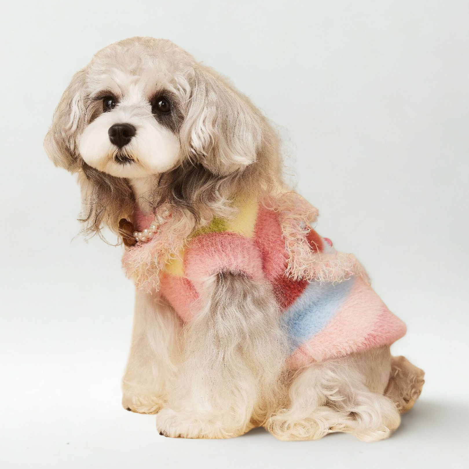 Maglioncino Gilet Colori Arcobaleno con Frange Decorazioni a Cuore