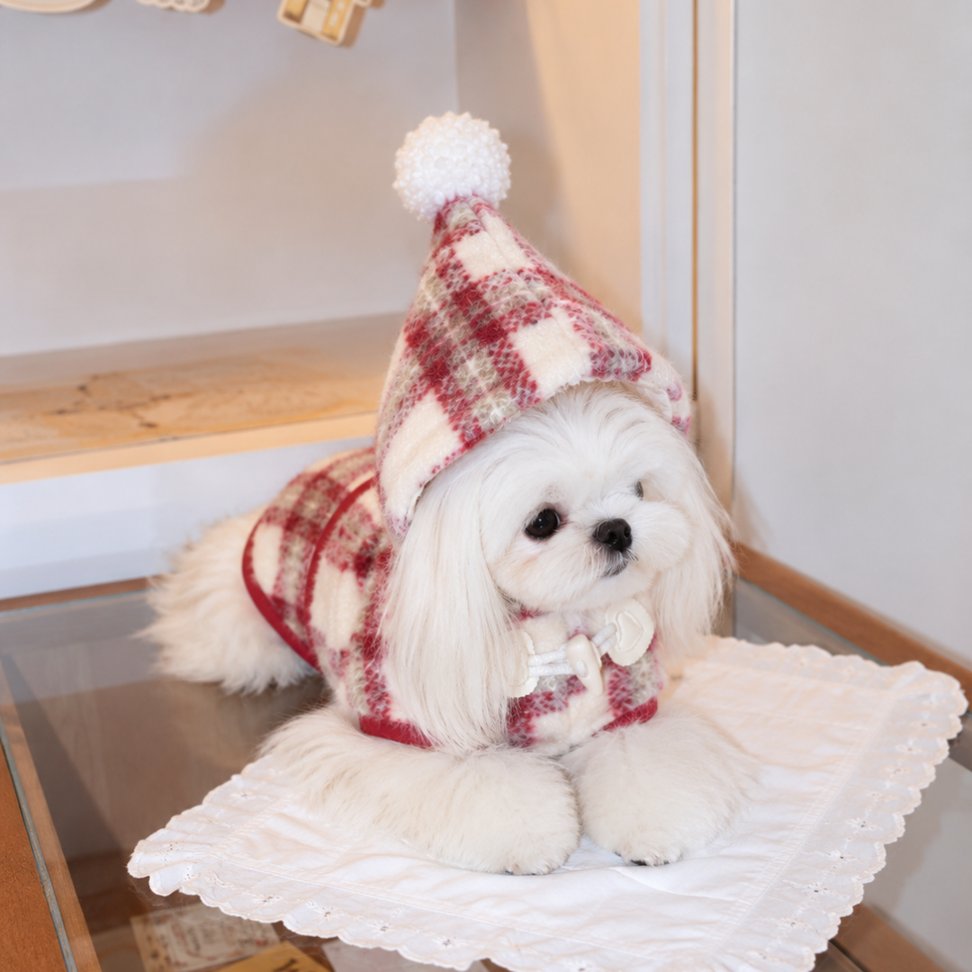 Mantellina Invernale Imbottita con Cappuccio – Fantasia Tartan Rossa