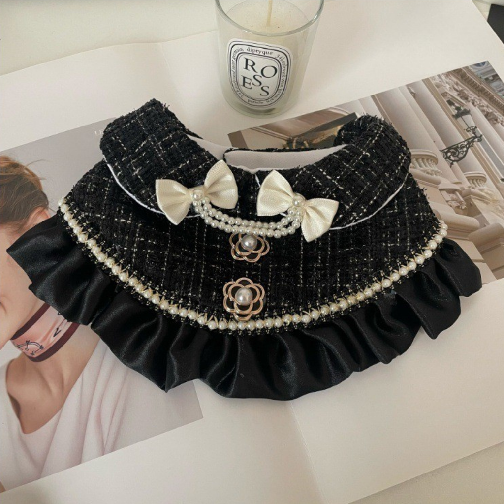 Bandana in Tweed Nero con Fiocco Perle Rouches da Principessa Elegante
