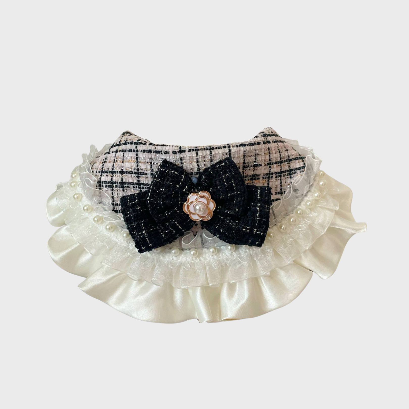 Bandana in Tweed Bianco con Fiocco Perle Rouches da Principessa Elegante