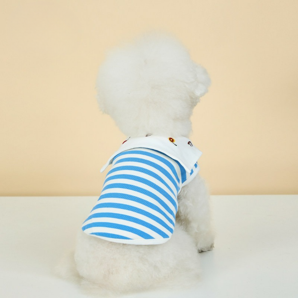 Maglietta Gilet in Cotone a Righe Blu e Bianche con Colletto alla Marinara Ricamo Ciliegie