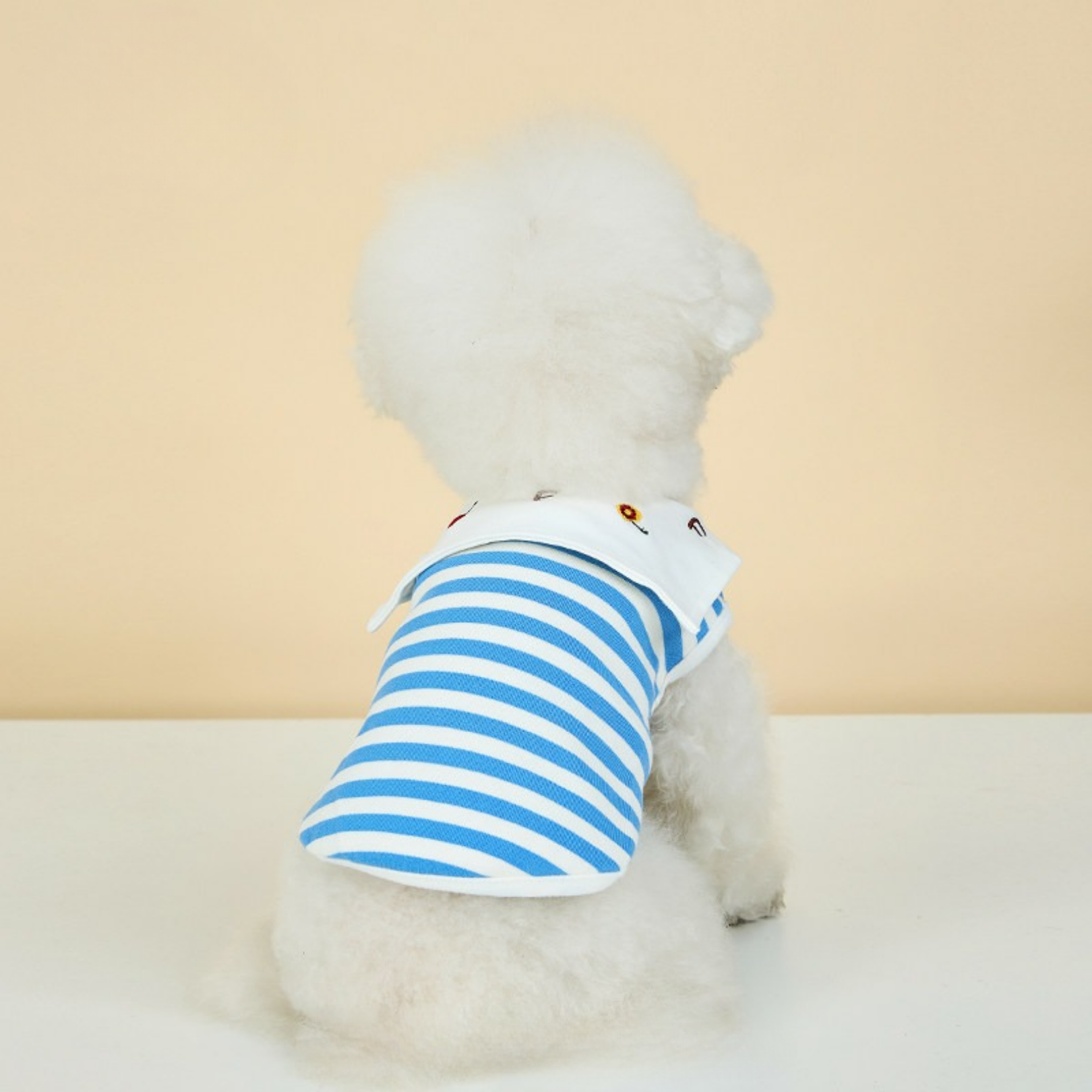Maglietta Gilet in Cotone a Righe Blu e Bianche con Colletto alla Marinara Ricamo Ciliegie