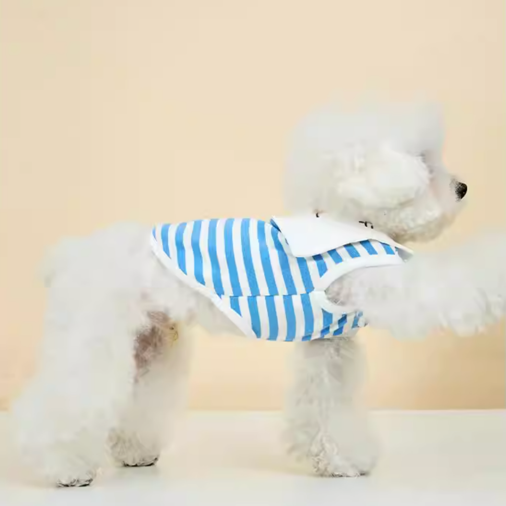 Maglietta Gilet in Cotone a Righe Blu e Bianche con Colletto alla Marinara Ricamo Ciliegie