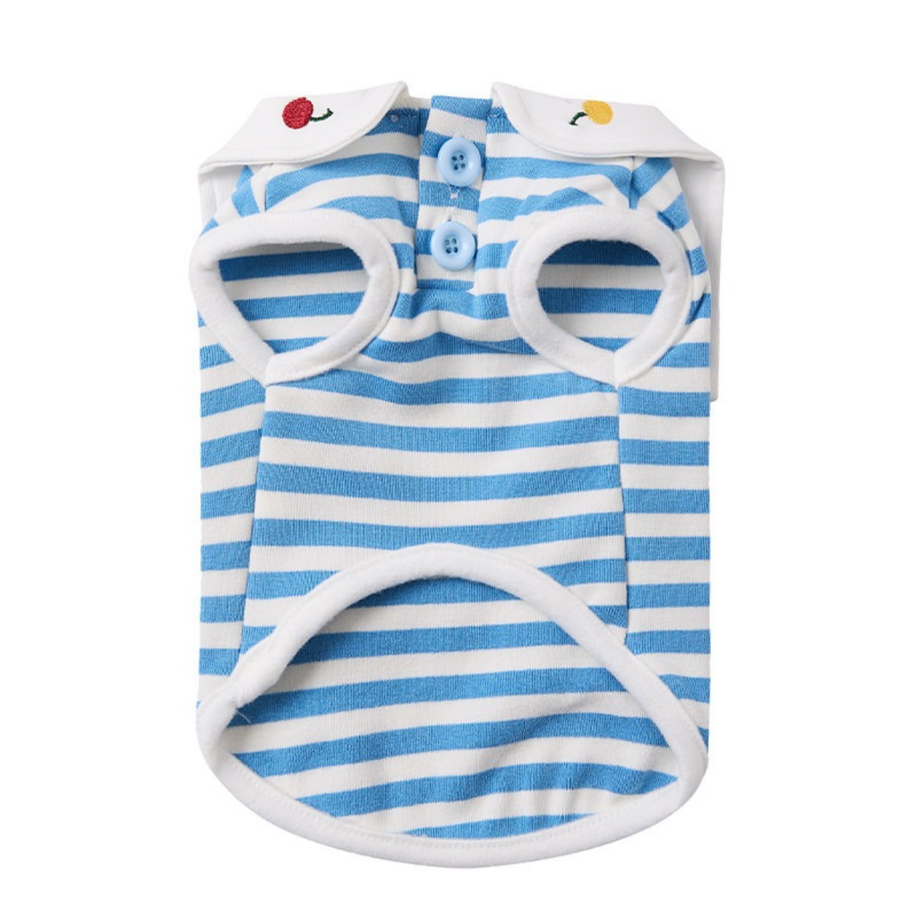 Maglietta Gilet in Cotone a Righe Blu e Bianche con Colletto alla Marinara Ricamo Ciliegie
