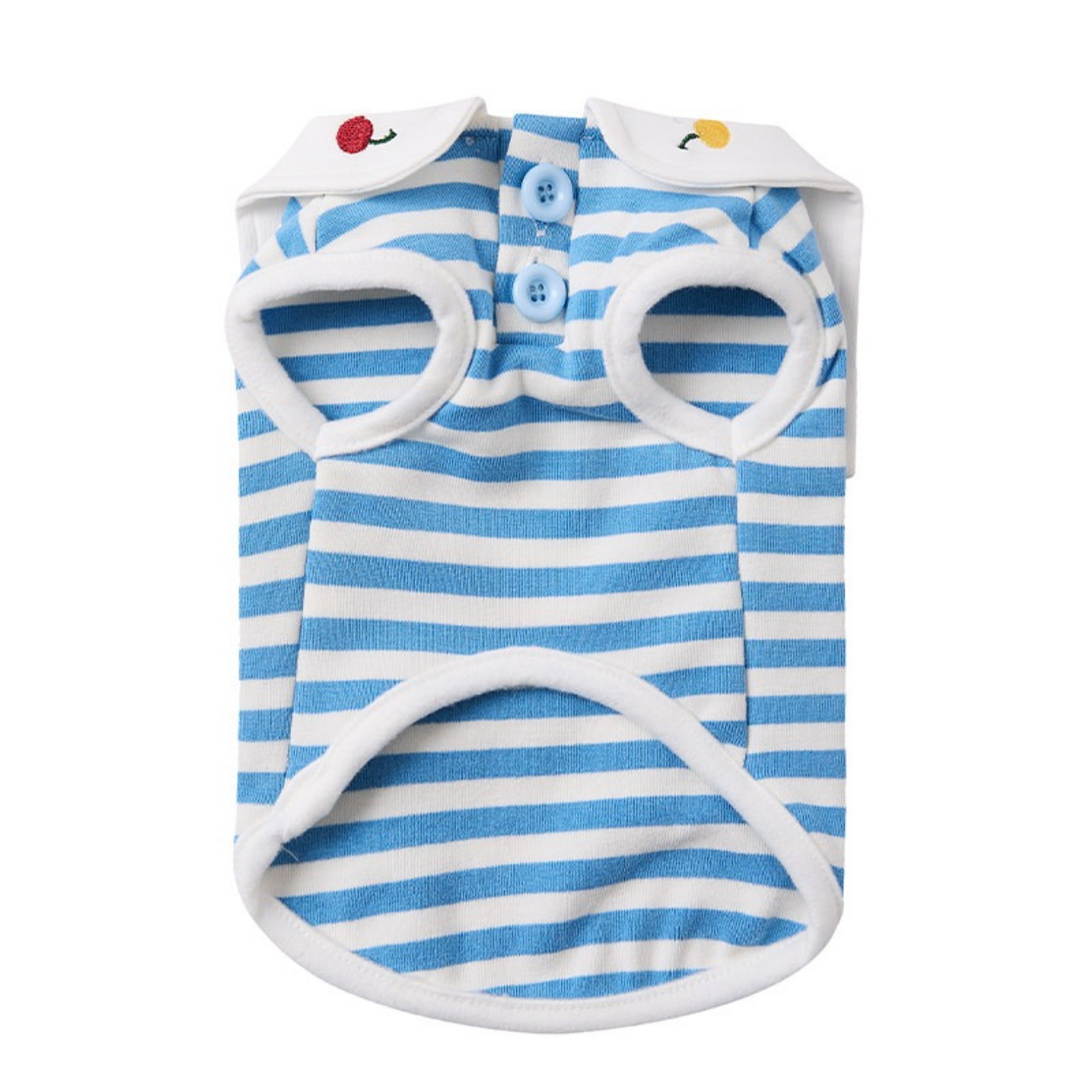 Maglietta Gilet in Cotone a Righe Blu e Bianche con Colletto alla Marinara Ricamo Ciliegie