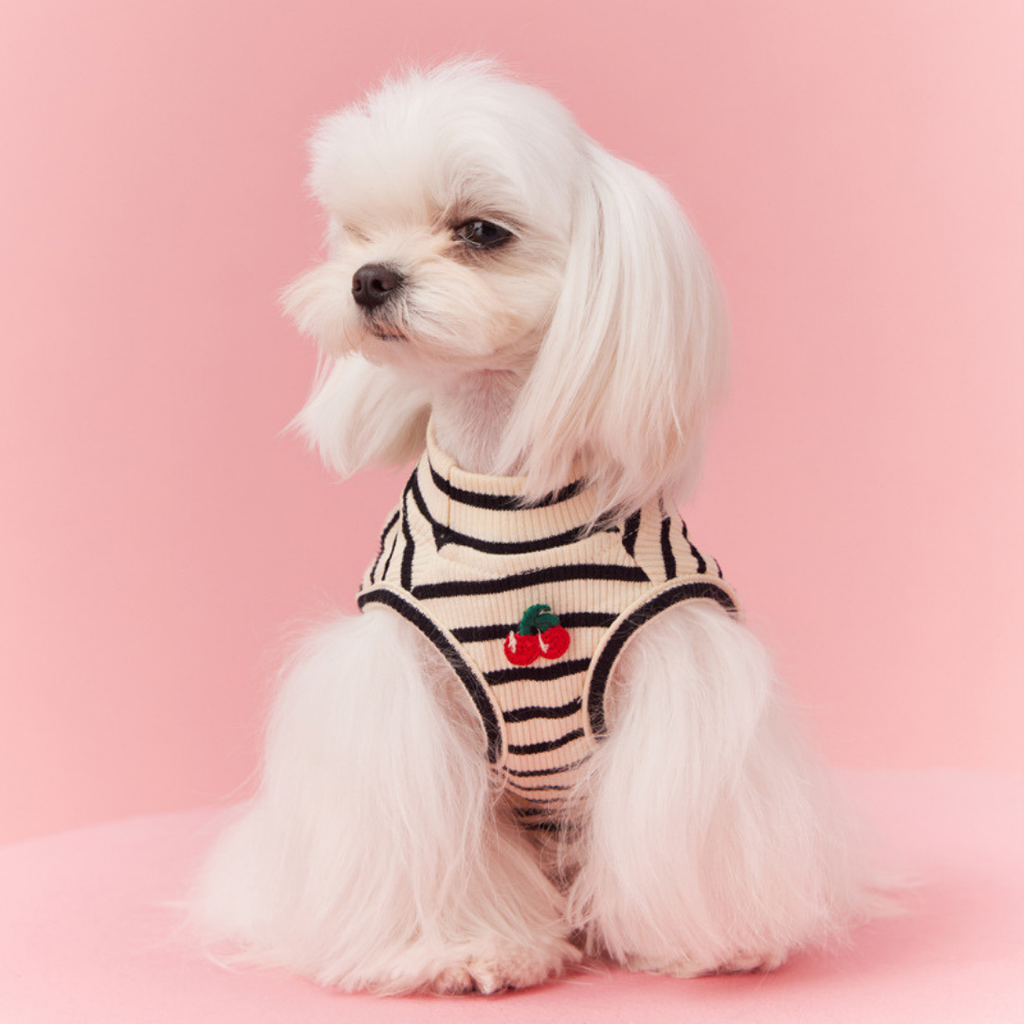 Maglietta Gilet a Righe Bianco e Nero con Ricamo Ciliegia