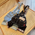 Salopette in Denim con Bretelle Incrociate Regolabili Fodera a Quadri Casual Versatile