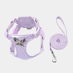 Set Pettorina + Guinzaglio in Tessuto Tecnico a Ultrasuoni e Camoscio Morbido con Decorazione Strass a Farfalla