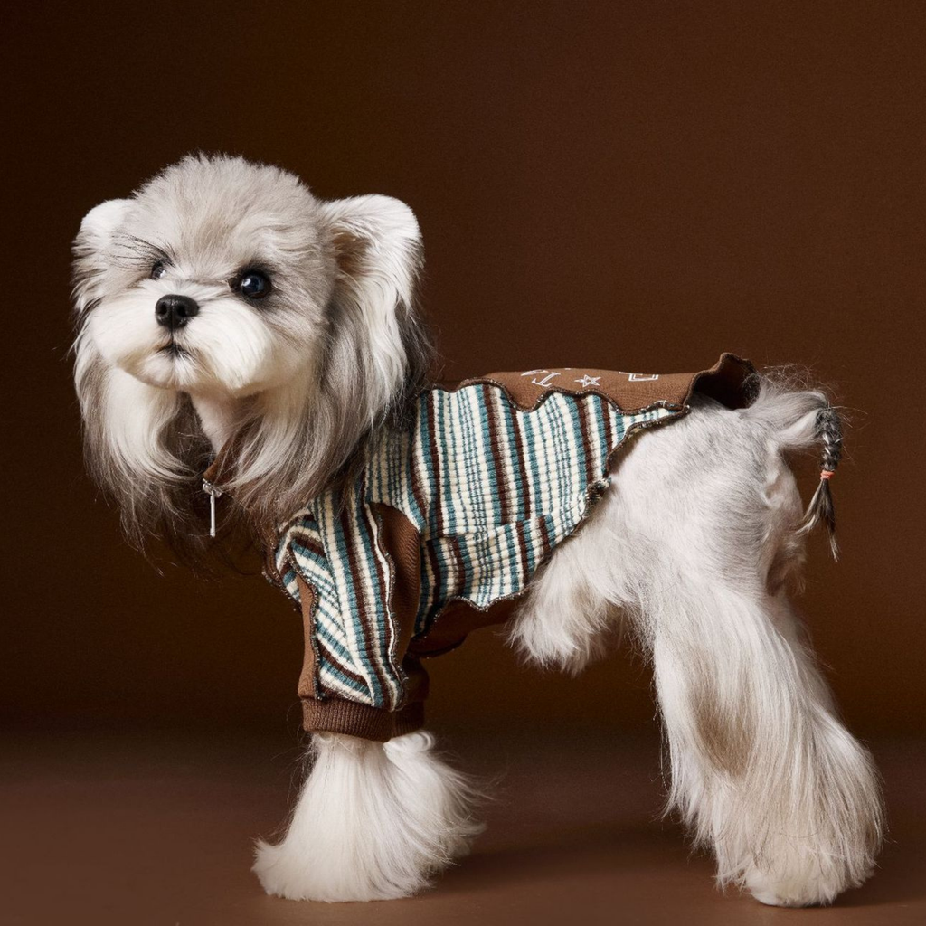 Felpa a Due Zampe con Collo Alto e Mezza Zip Design Patchwork con Stampa Cagnolino