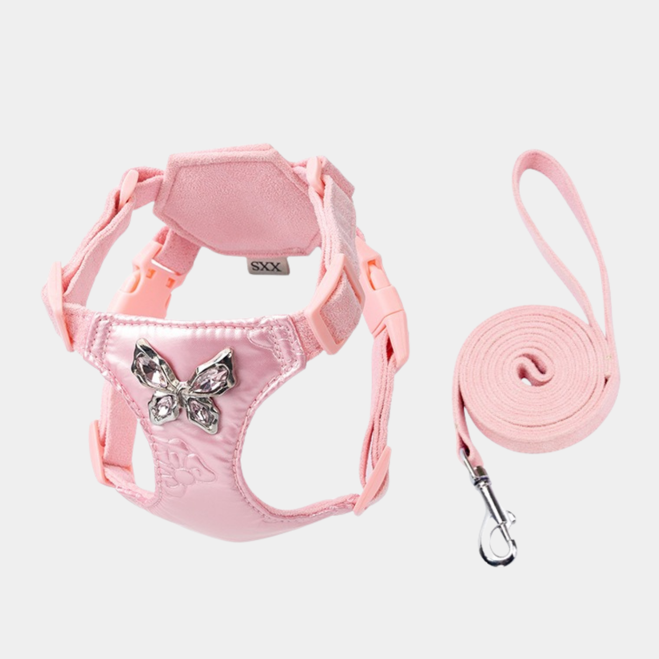 Set Pettorina + Guinzaglio in Tessuto Tecnico a Ultrasuoni e Camoscio Morbido con Decorazione Strass a Farfalla