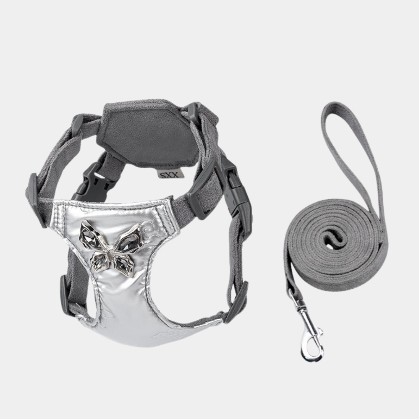 Set Pettorina + Guinzaglio in Tessuto Tecnico a Ultrasuoni e Camoscio Morbido con Decorazione Strass a Farfalla