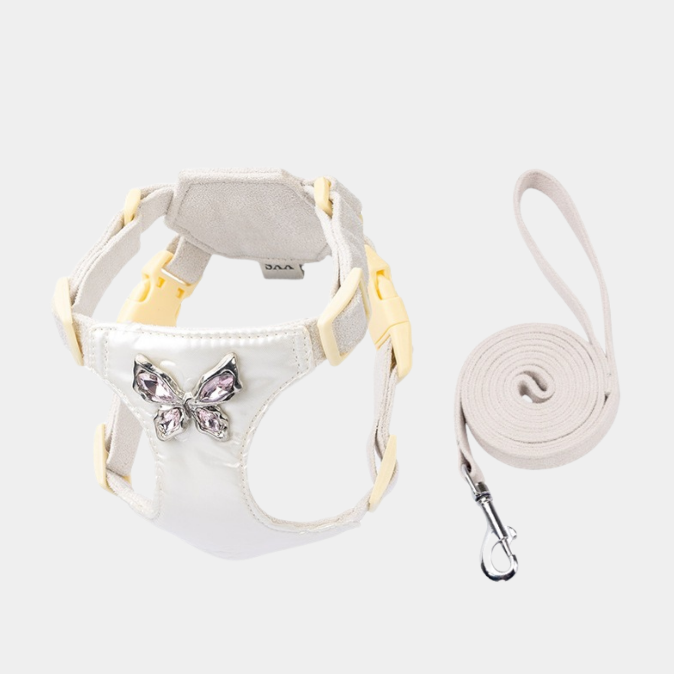 Set Pettorina + Guinzaglio in Tessuto Tecnico a Ultrasuoni e Camoscio Morbido con Decorazione Strass a Farfalla