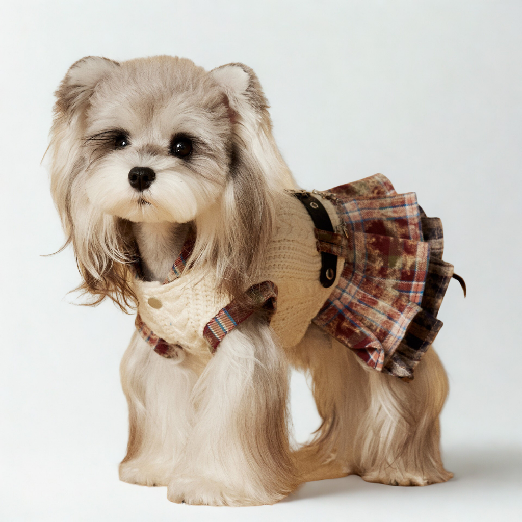 Vestito Maglioncino con Cappuccio Gilet in Maglia Beige con Gonna a Pieghe a Quadri Marrone