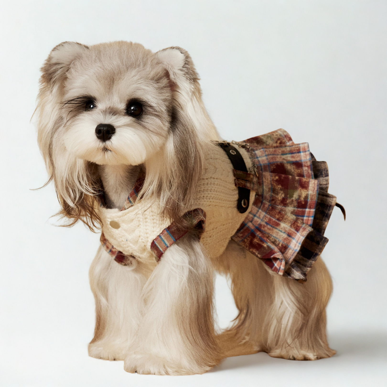 Vestito Maglioncino con Cappuccio Gilet in Maglia Beige con Gonna a Pieghe a Quadri Marrone