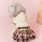 Vestito Maglioncino con Cappuccio Gilet in Maglia Beige con Gonna a Pieghe a Quadri Marrone
