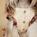 Vestito Maglioncino con Cappuccio Gilet in Maglia Beige con Gonna a Pieghe a Quadri Marrone