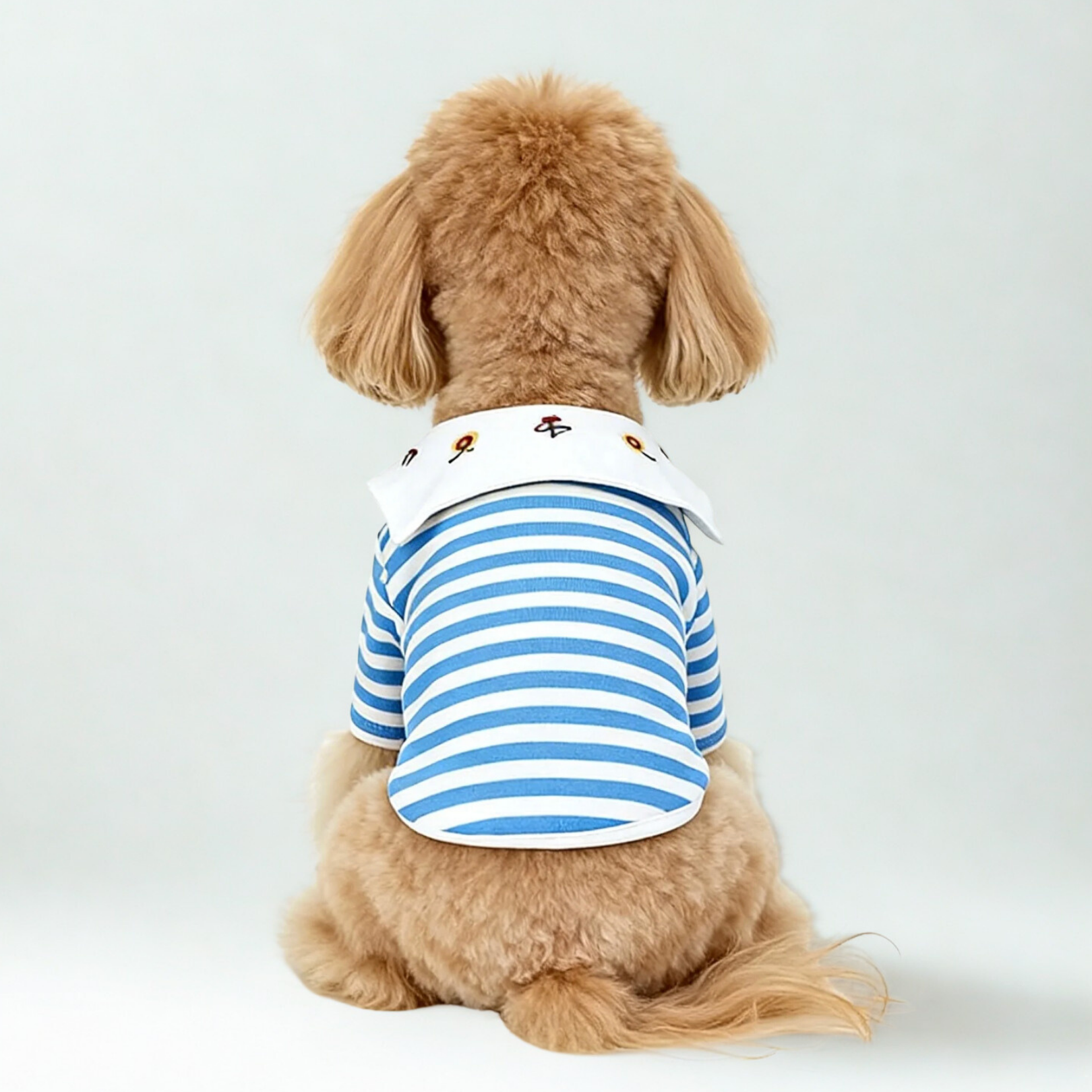 Maglia a Due Zampe a Righe Blu e Bianche con Colletto alla Marinara Ricamo Ciliegie