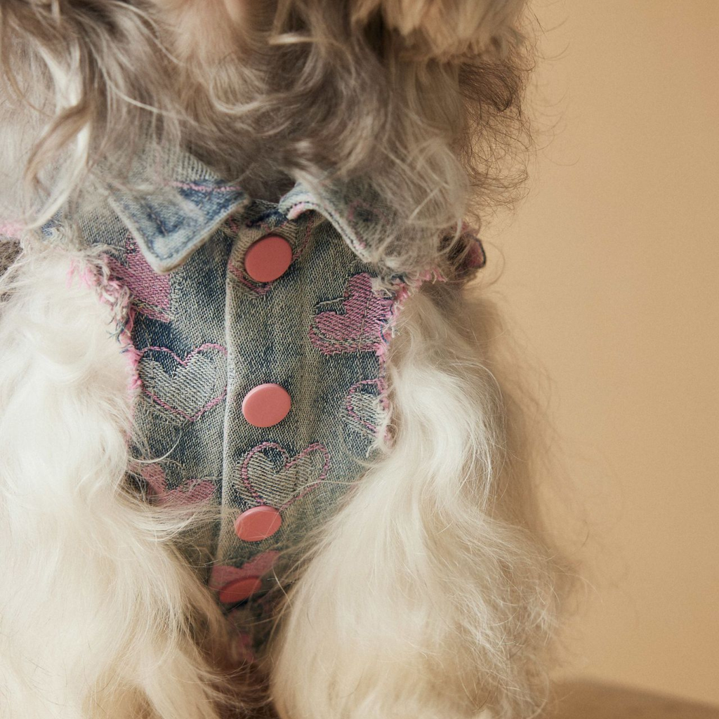 Gilet in Jeans con Bordi Sfrangiati Ricami Cuori Rosa