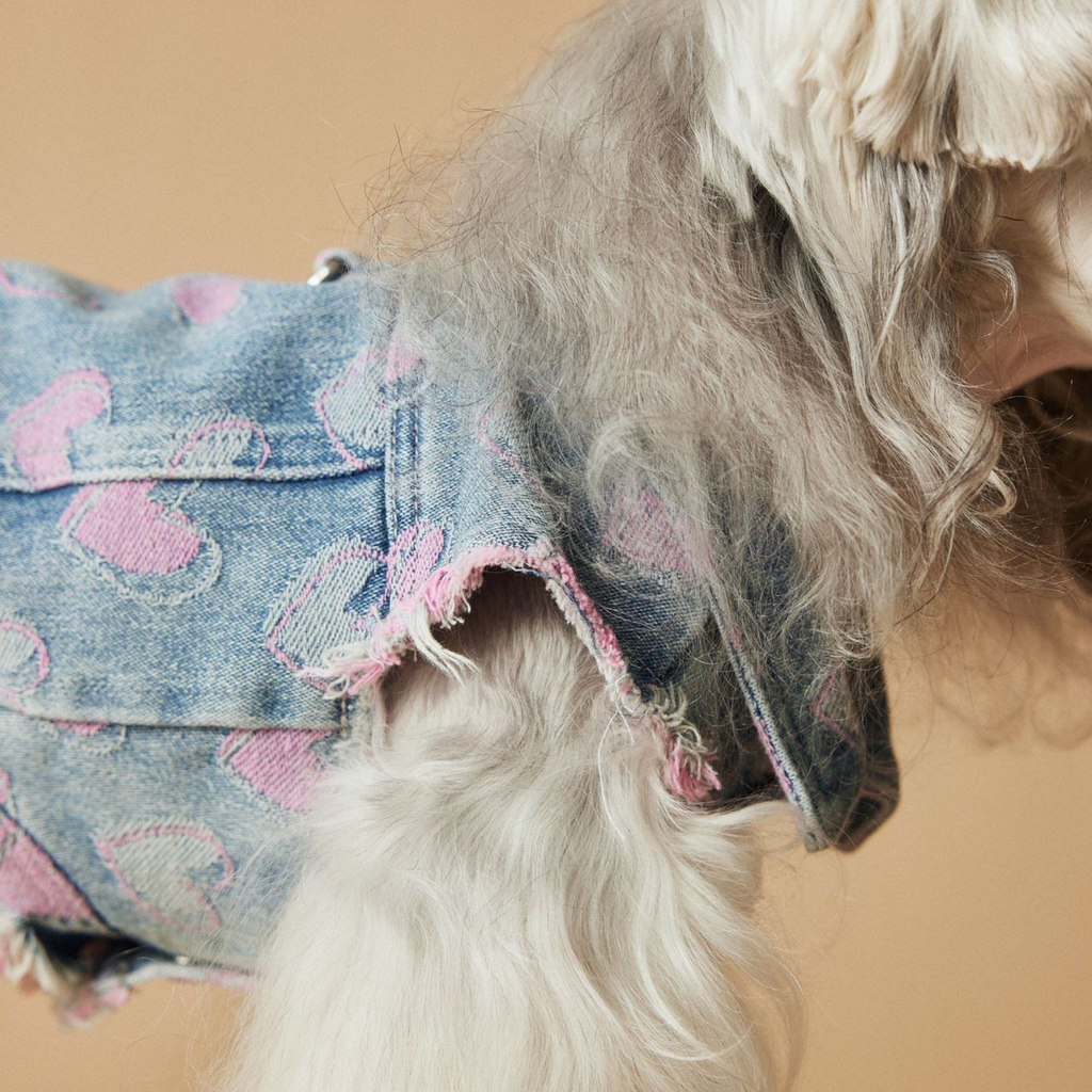 Gilet in Jeans con Bordi Sfrangiati Ricami Cuori Rosa