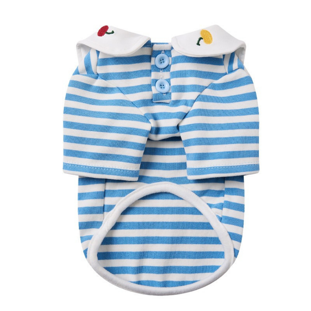 Maglia a Due Zampe a Righe Blu e Bianche con Colletto alla Marinara Ricamo Ciliegie