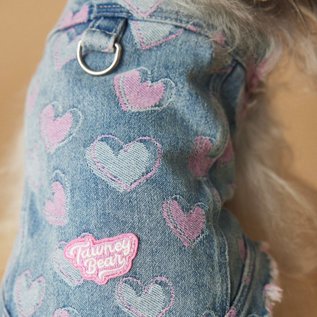 Gilet in Jeans con Bordi Sfrangiati Ricami Cuori Rosa