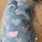 Gilet in Jeans con Bordi Sfrangiati Ricami Cuori Rosa