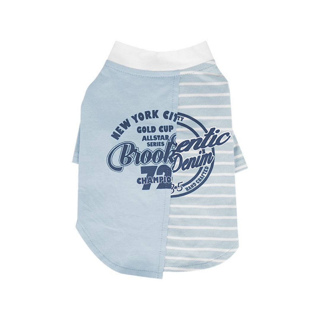 T-Shirt a Due Zampe Design Patchwork a Righe e Tinta Unita con Stampa Lettering