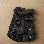 Gilet in Ecopelle Nera con Multitasche Funzionali Stile Cargo Streetwear
