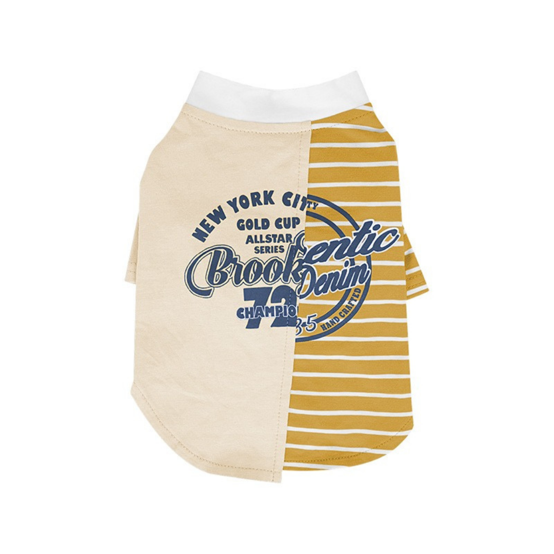T-Shirt a Due Zampe Design Patchwork a Righe e Tinta Unita con Stampa Lettering