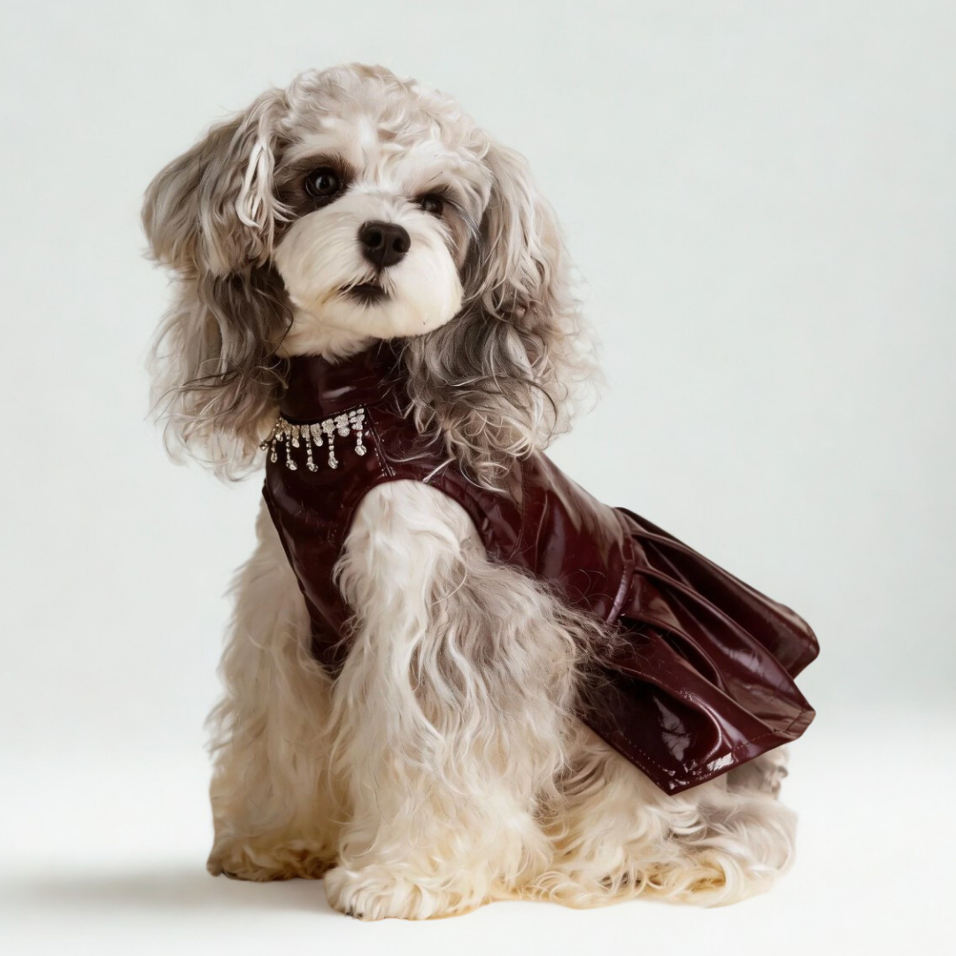 Abito in Ecopelle Colore Bordeaux con Collana Strass Elegante Vintage