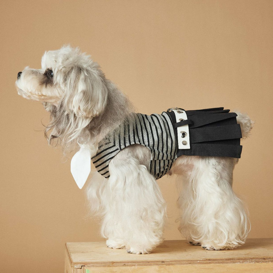 Vestito Top a Righe con Fiocco Gonna Plissé con Cintura Rimovibile Abito Elegante Casual