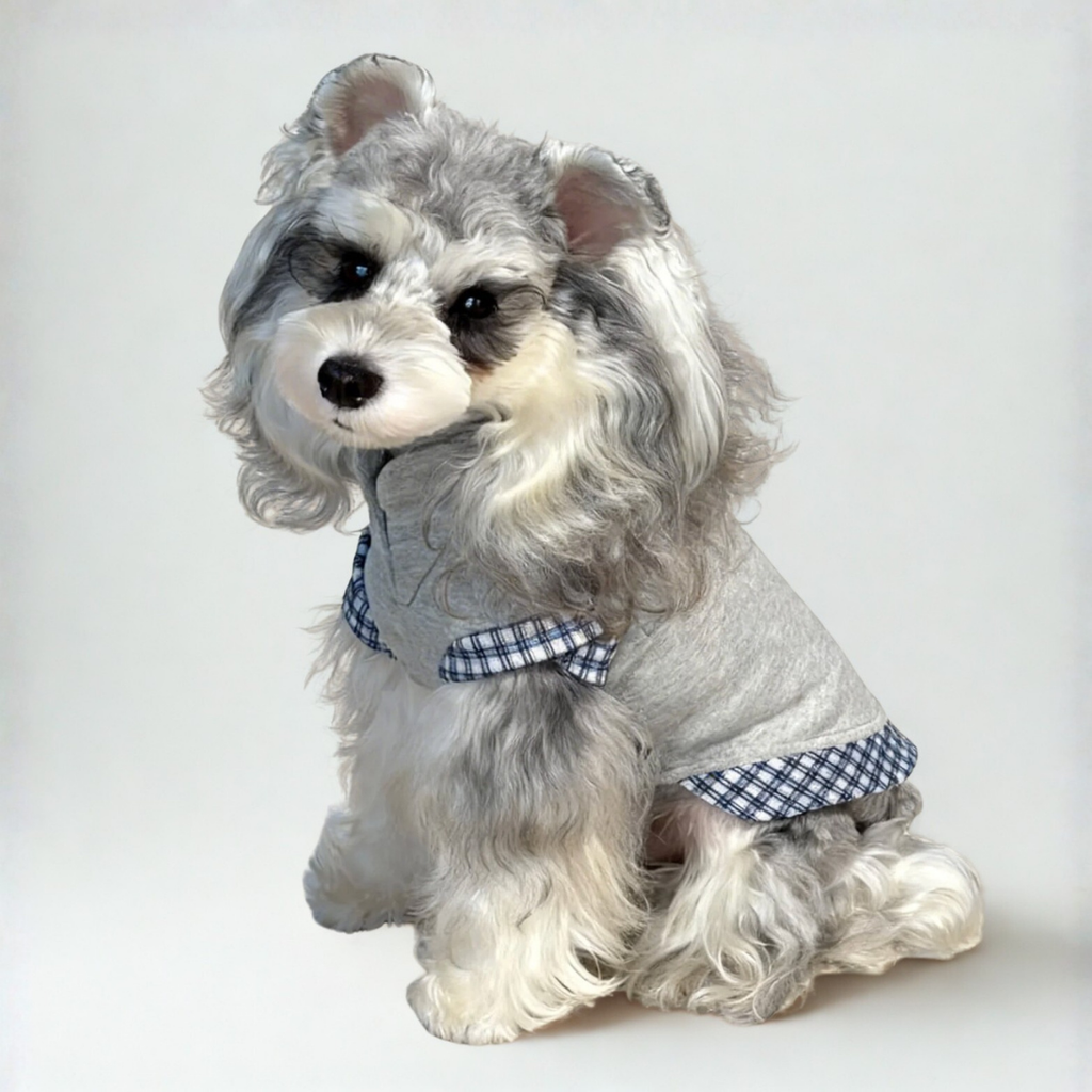 Felpa Gilet con Scollo a V Stile Finto Due Pezzi Grigio con Inserto a Quadri Blu e Bianchi