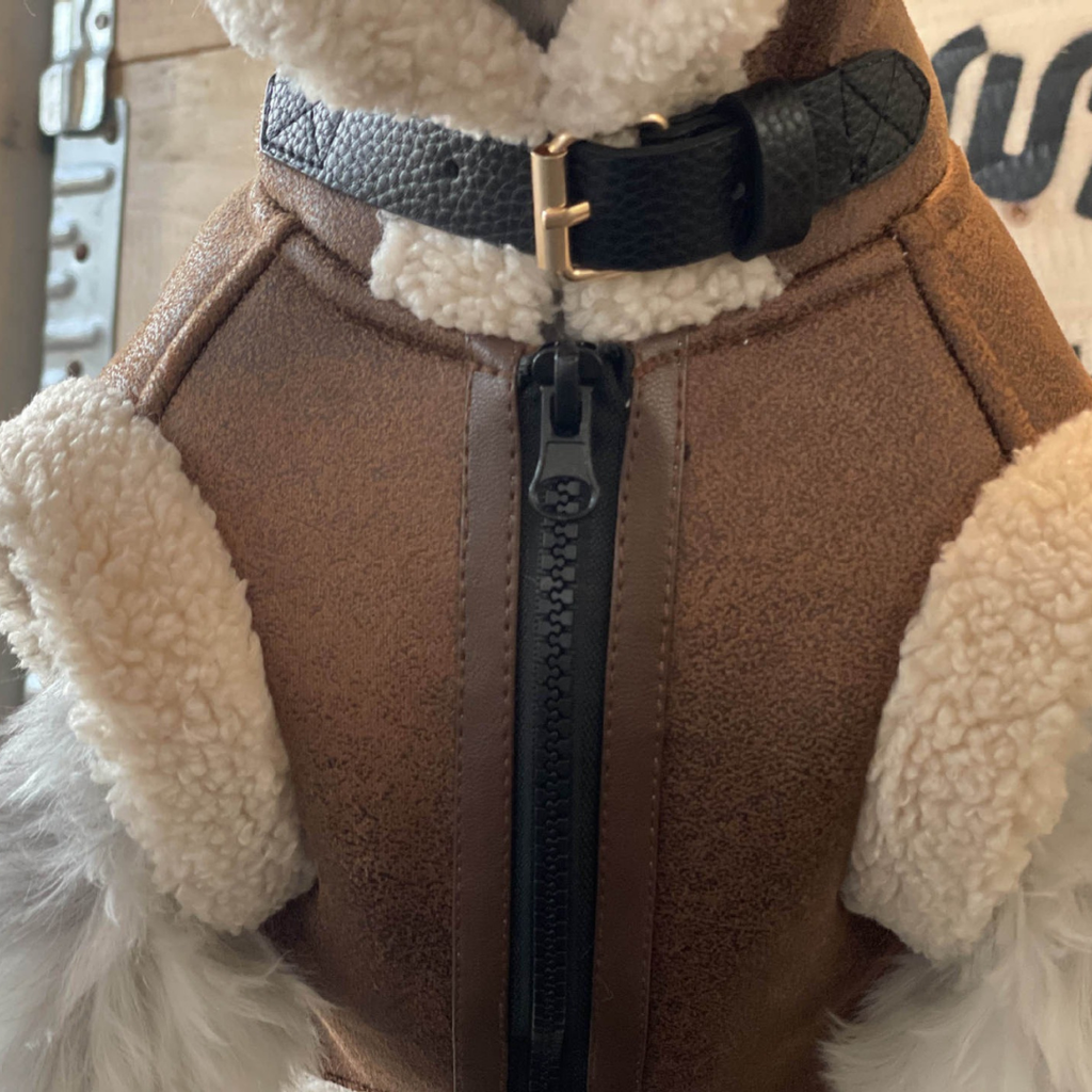 Cappottino Gilet in Pelle Scamosciata Effetto Montone Stile Aviatore