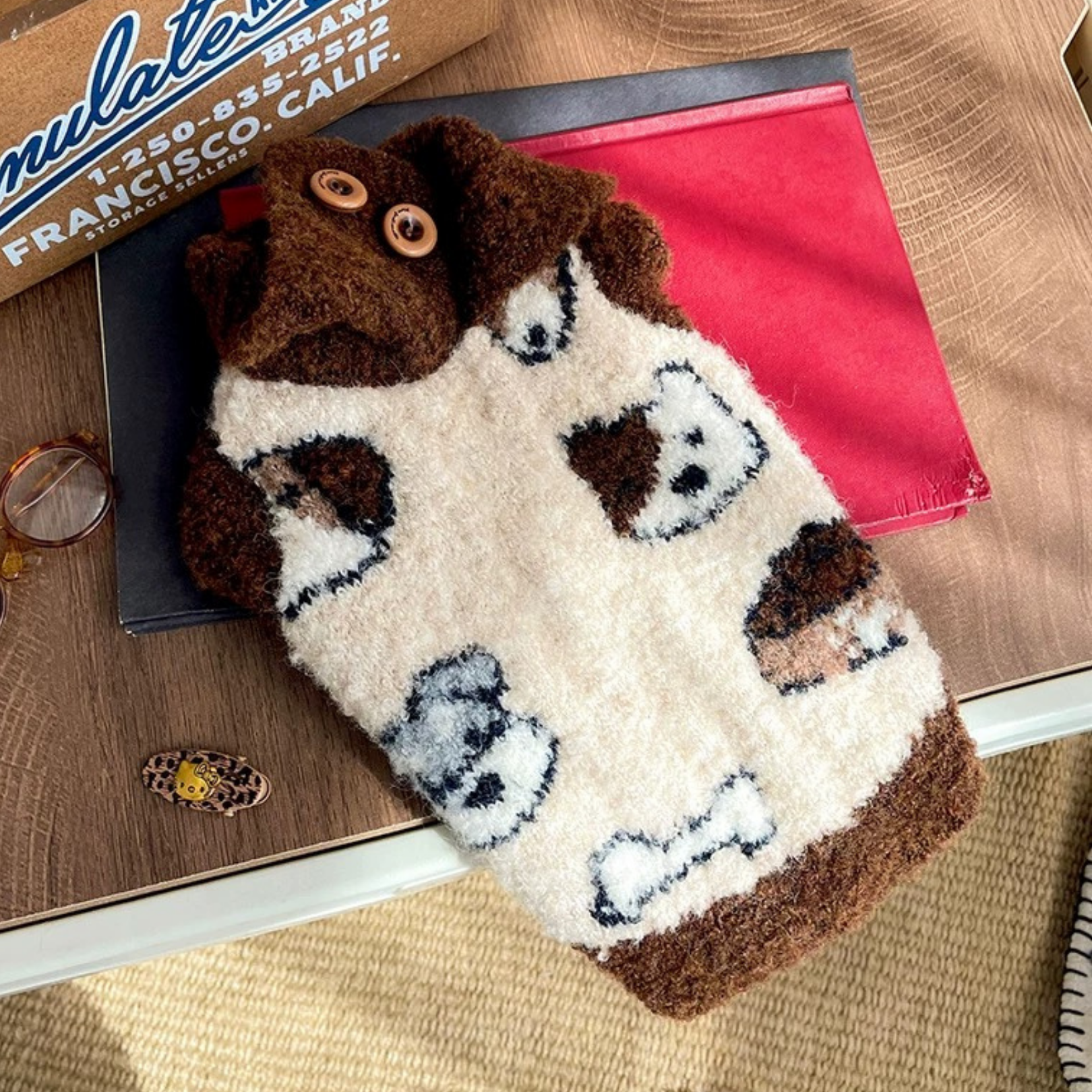 Maglioncino Gilet con Collo Alto Reversibile Stampa Cagnolini 10% Lana