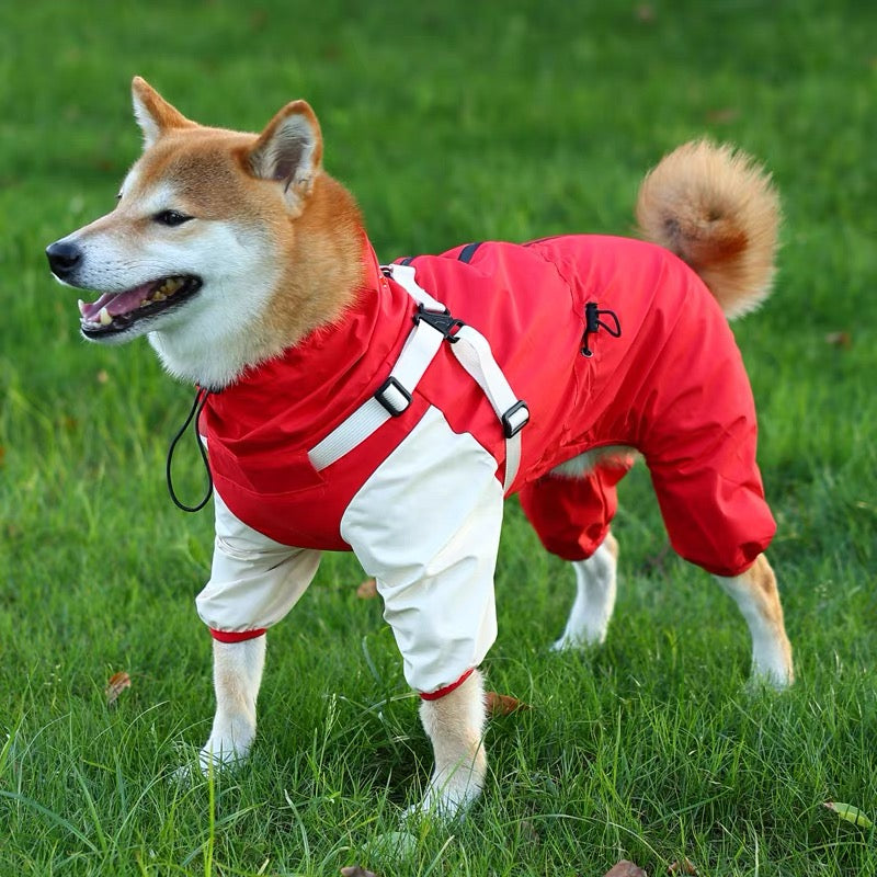 Impermeabile a Quattro Zampe per Cani con Cappuccio Rimovibile - Rosso