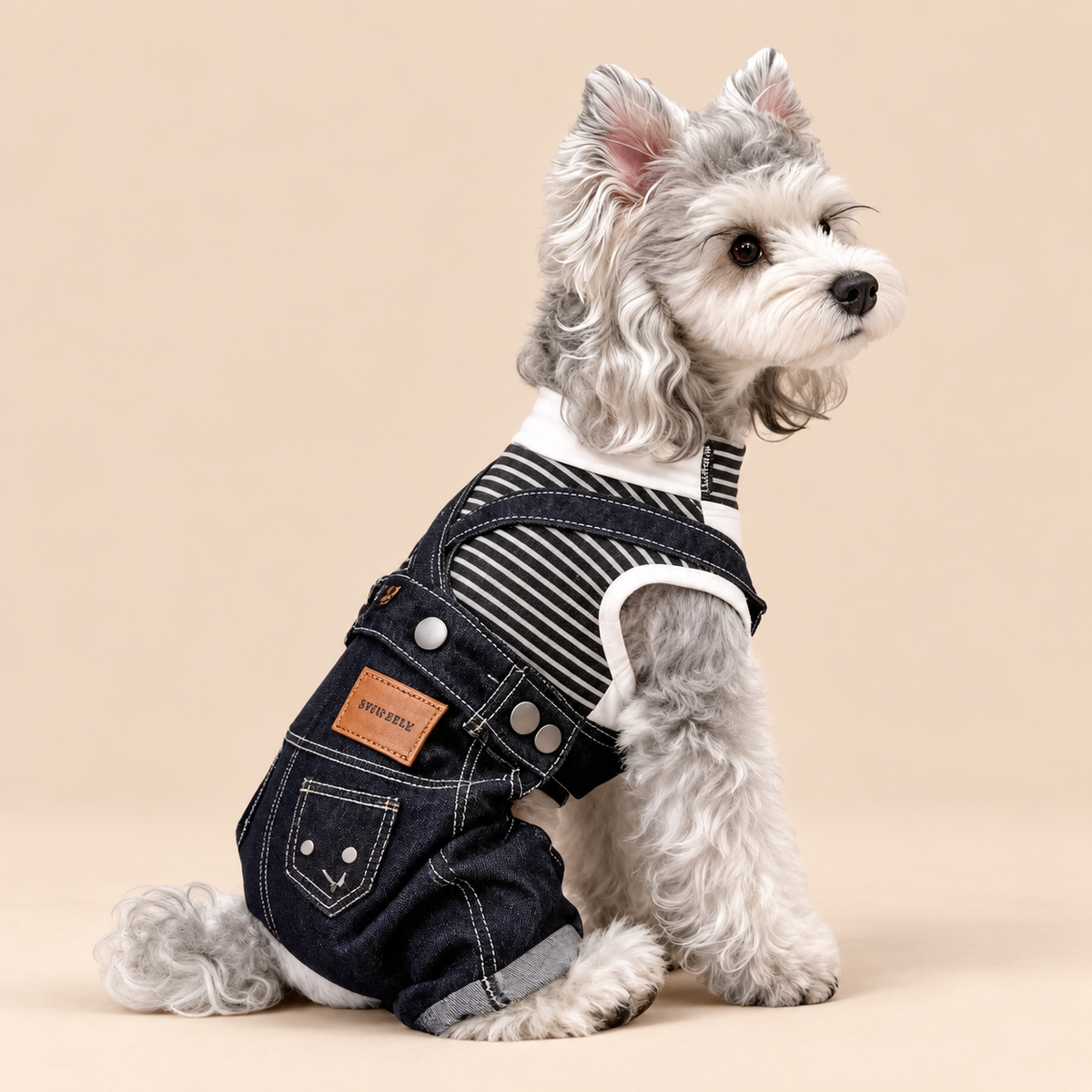 Salopette jeans per cani e maglia collo mezzo alto a righe