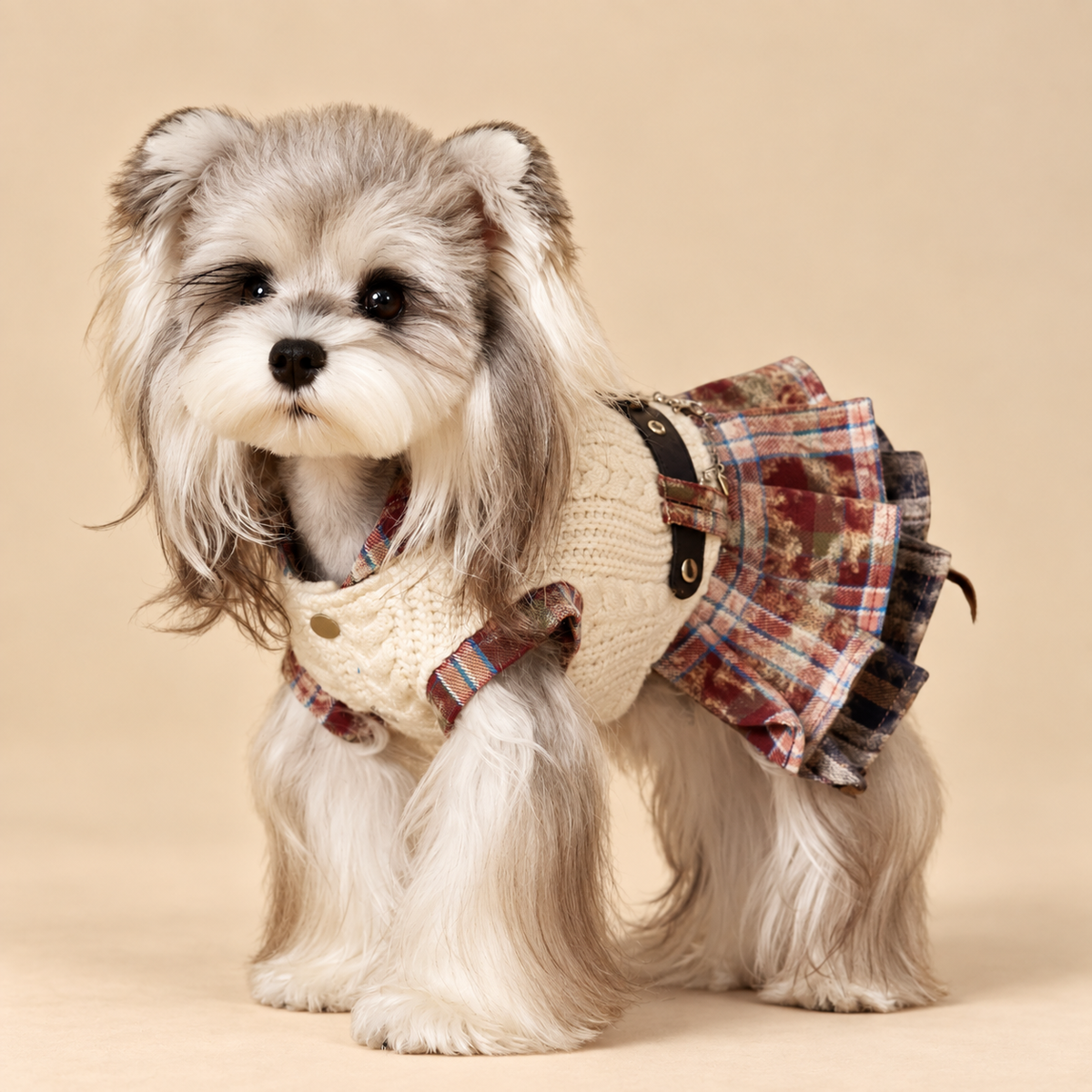 Vestito Maglioncino con Cappuccio Gilet in Maglia Beige con Gonna a Pieghe a Quadri Marrone