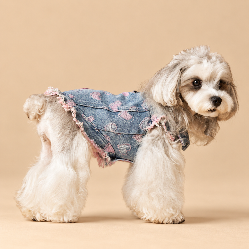 Gilet in Jeans con Bordi Sfrangiati Ricami Cuori Rosa