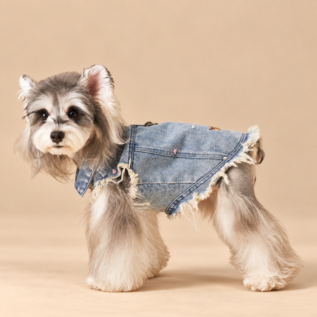 Gilet in Jeans con Bordi Sfrangiati Ricami Cagnolino e Cuoricini Stile Vintage