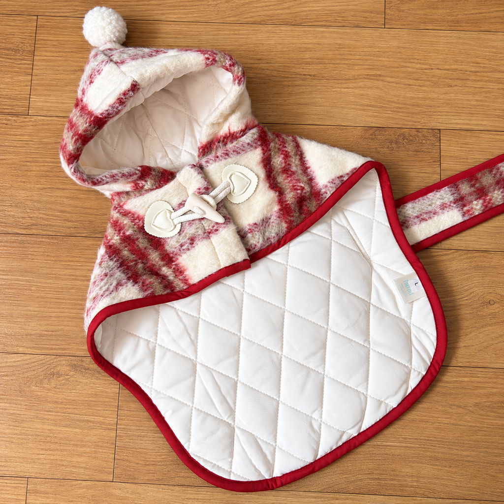 Mantellina Invernale Imbottita con Cappuccio – Fantasia Tartan Rossa