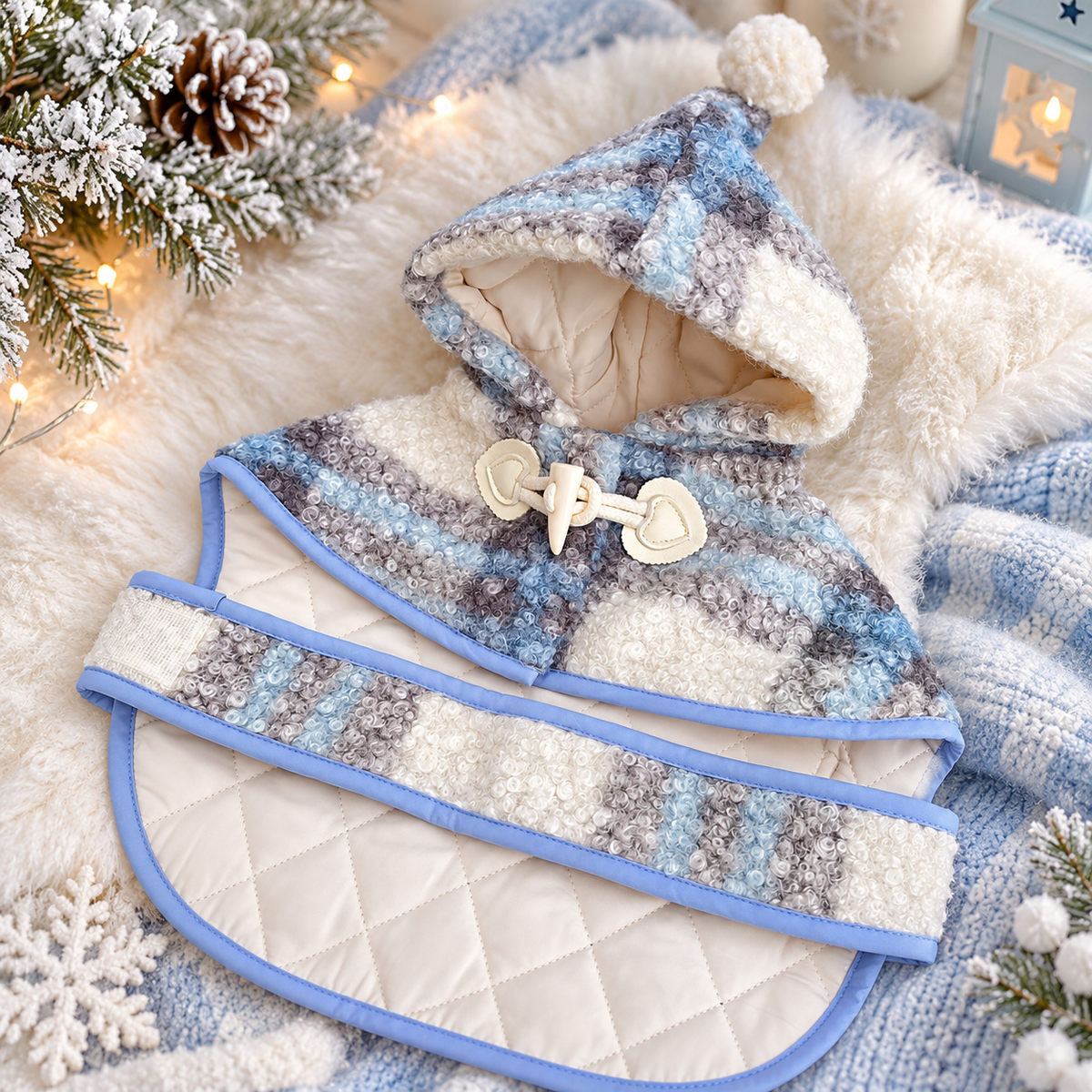 Mantellina Invernale Imbottita con Cappuccio – Fantasia Tartan Azzurra