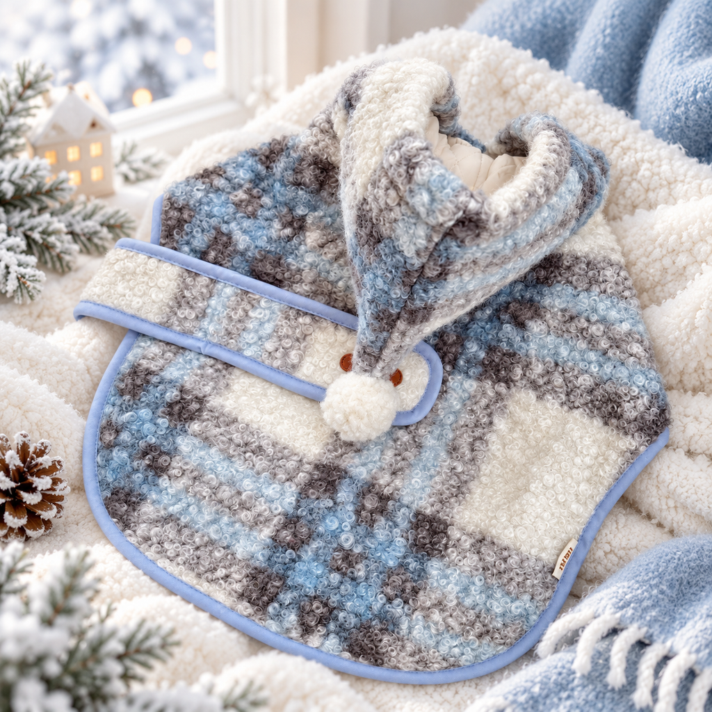 Mantellina Invernale Imbottita con Cappuccio – Fantasia Tartan Azzurra